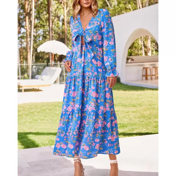 imageBTFBM Womens 2023 Summer Fall Boho Dress V Neck Tie Front Cutout Casual Long Sleeve Floral Wedding Party Maxi DressesFloral Blue Pink