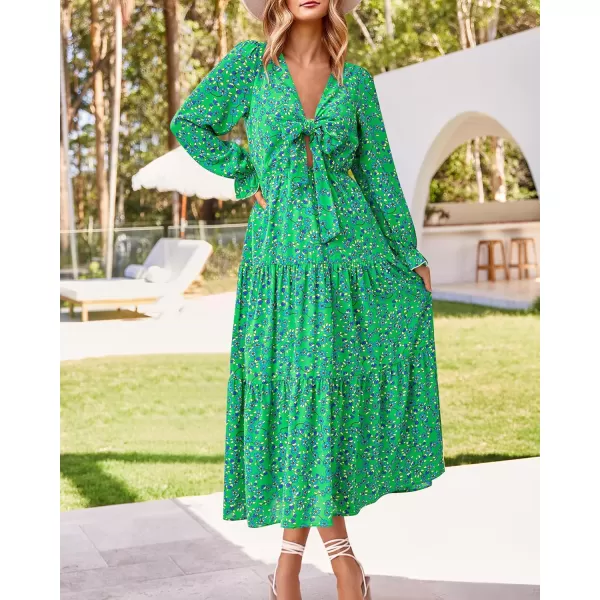 imageBTFBM Womens 2023 Summer Fall Boho Dress V Neck Tie Front Cutout Casual Long Sleeve Floral Wedding Party Maxi DressesFloral Green Blue