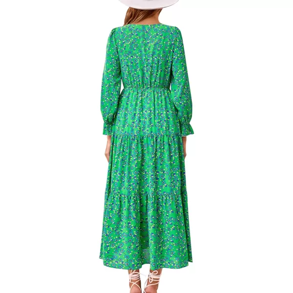 imageBTFBM Womens 2023 Summer Fall Boho Dress V Neck Tie Front Cutout Casual Long Sleeve Floral Wedding Party Maxi DressesFloral Green Blue