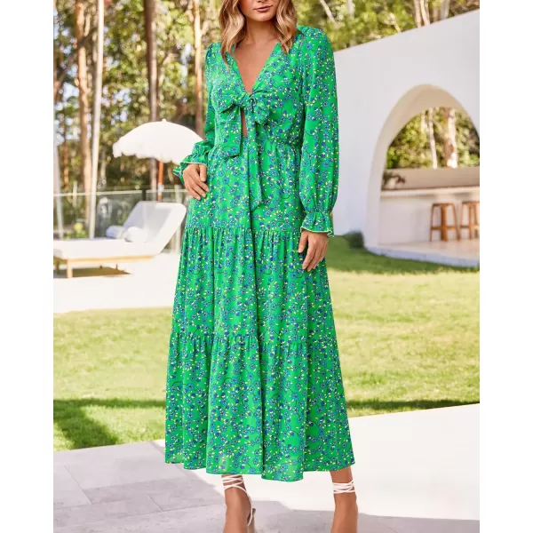 imageBTFBM Womens 2023 Summer Fall Boho Dress V Neck Tie Front Cutout Casual Long Sleeve Floral Wedding Party Maxi DressesFloral Green Blue