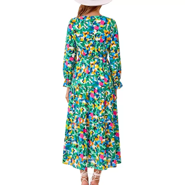 imageBTFBM Womens 2023 Summer Fall Boho Dress V Neck Tie Front Cutout Casual Long Sleeve Floral Wedding Party Maxi DressesPrint Green