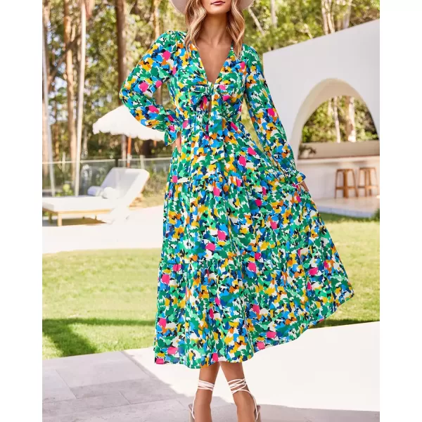imageBTFBM Womens 2023 Summer Fall Boho Dress V Neck Tie Front Cutout Casual Long Sleeve Floral Wedding Party Maxi DressesPrint Green