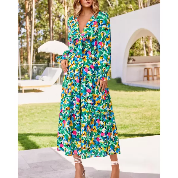 imageBTFBM Womens 2023 Summer Fall Boho Dress V Neck Tie Front Cutout Casual Long Sleeve Floral Wedding Party Maxi DressesPrint Green