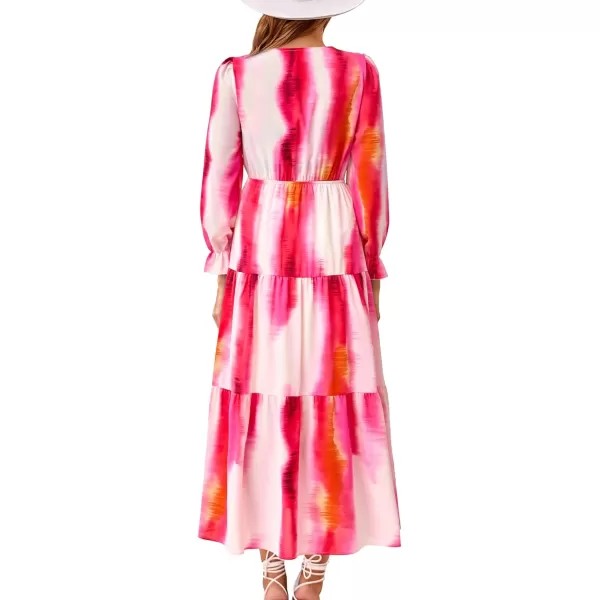 imageBTFBM Womens 2023 Summer Fall Boho Dress V Neck Tie Front Cutout Casual Long Sleeve Floral Wedding Party Maxi DressesPrint Rose Red