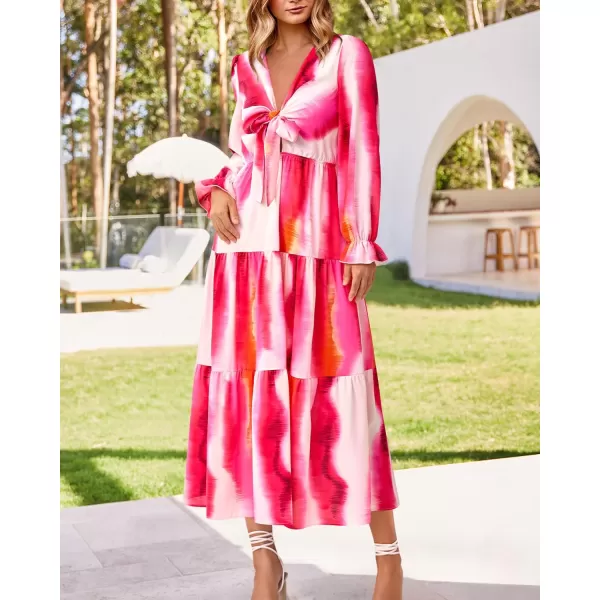 imageBTFBM Womens 2023 Summer Fall Boho Dress V Neck Tie Front Cutout Casual Long Sleeve Floral Wedding Party Maxi DressesPrint Rose Red