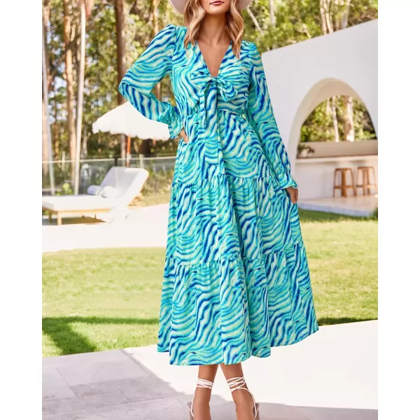imageBTFBM Womens 2023 Summer Fall Boho Dress V Neck Tie Front Cutout Casual Long Sleeve Floral Wedding Party Maxi DressesStriped Blue Green