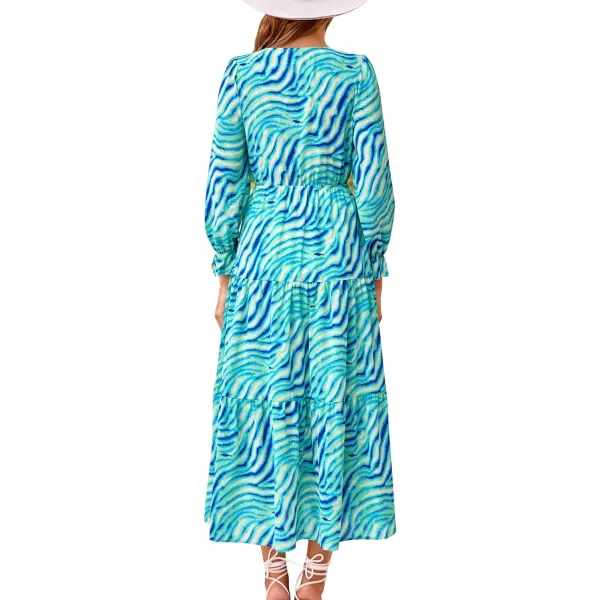 imageBTFBM Womens 2023 Summer Fall Boho Dress V Neck Tie Front Cutout Casual Long Sleeve Floral Wedding Party Maxi DressesStriped Blue Green