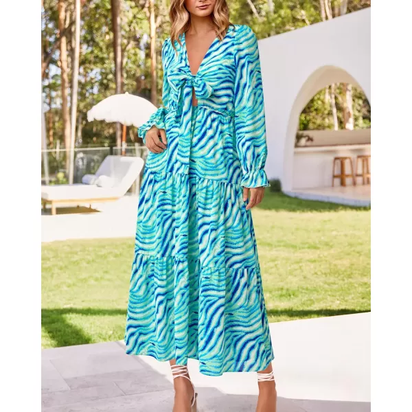 imageBTFBM Womens 2023 Summer Fall Boho Dress V Neck Tie Front Cutout Casual Long Sleeve Floral Wedding Party Maxi DressesStriped Blue Green