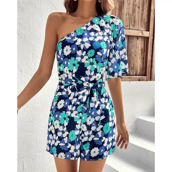 imageBTFBM Womens 2023 Summer One Shoulder Romper Short Sleeve Boho Floral Print Tie Waist Party Beach Casual Short JumpsuitsFloral Blue