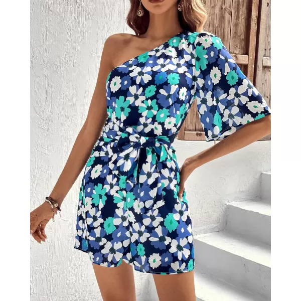 imageBTFBM Womens 2023 Summer One Shoulder Romper Short Sleeve Boho Floral Print Tie Waist Party Beach Casual Short JumpsuitsFloral Blue