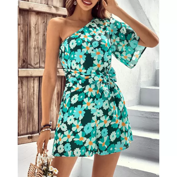 imageBTFBM Womens 2023 Summer One Shoulder Romper Short Sleeve Boho Floral Print Tie Waist Party Beach Casual Short JumpsuitsFloral Green