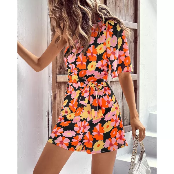imageBTFBM Womens 2023 Summer One Shoulder Romper Short Sleeve Boho Floral Print Tie Waist Party Beach Casual Short JumpsuitsFloral Orange