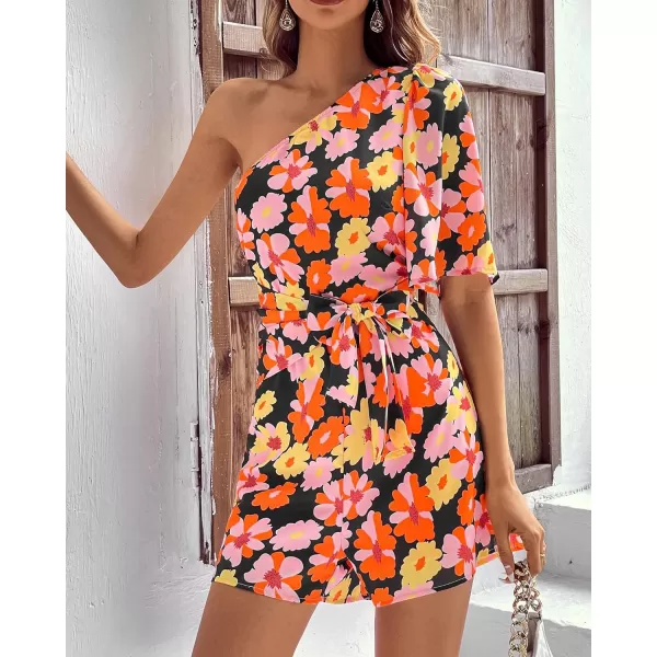 imageBTFBM Womens 2023 Summer One Shoulder Romper Short Sleeve Boho Floral Print Tie Waist Party Beach Casual Short JumpsuitsFloral Orange