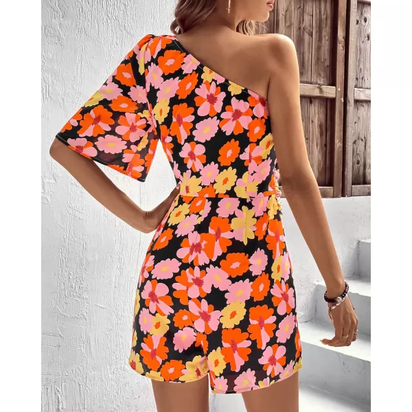 imageBTFBM Womens 2023 Summer One Shoulder Romper Short Sleeve Boho Floral Print Tie Waist Party Beach Casual Short JumpsuitsFloral Orange
