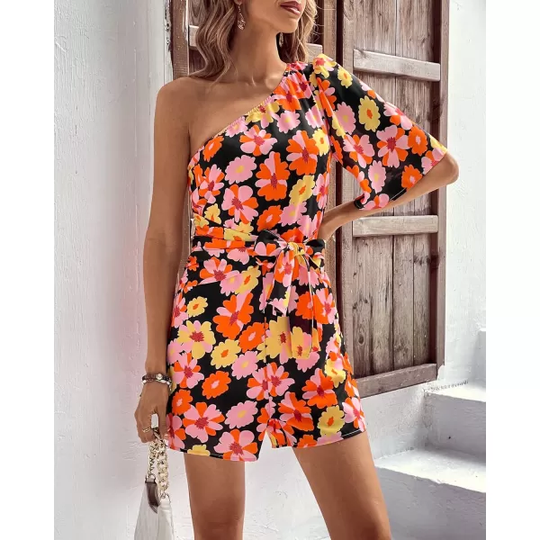 imageBTFBM Womens 2023 Summer One Shoulder Romper Short Sleeve Boho Floral Print Tie Waist Party Beach Casual Short JumpsuitsFloral Orange