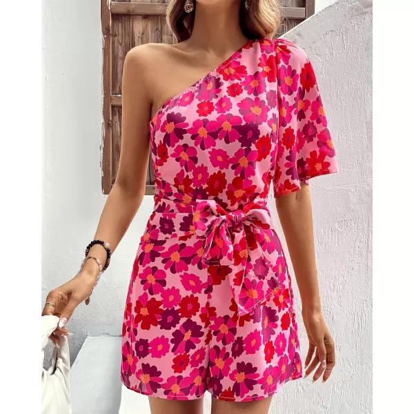 imageBTFBM Womens 2023 Summer One Shoulder Romper Short Sleeve Boho Floral Print Tie Waist Party Beach Casual Short JumpsuitsFloral Rose Red