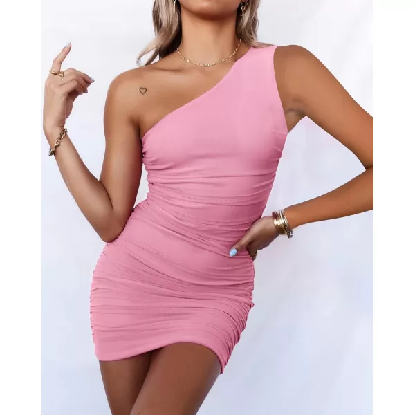 imageBTFBM Womens 2023 Summer Ruched Bodycon Mini Dress Sexy Mesh One Shoulder Sleeveless Club Party Cocktail Short DressesSolid Pink