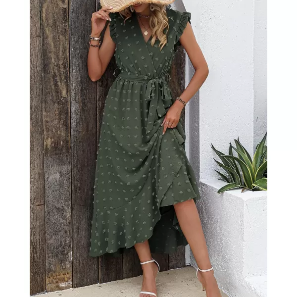 imageBTFBM Womens 2023 Summer Wrap V Neck Dress Ruffle Sleeve Swiss Dot Boho Ruffle Slit Beach Party Flowy Long Maxi DressesSwiss Dot Army Green
