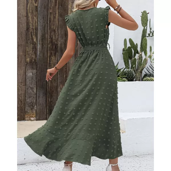 imageBTFBM Womens 2023 Summer Wrap V Neck Dress Ruffle Sleeve Swiss Dot Boho Ruffle Slit Beach Party Flowy Long Maxi DressesSwiss Dot Army Green
