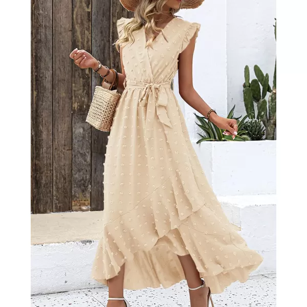 imageBTFBM Womens 2023 Summer Wrap V Neck Dress Ruffle Sleeve Swiss Dot Boho Ruffle Slit Beach Party Flowy Long Maxi DressesSwiss Dot Beige