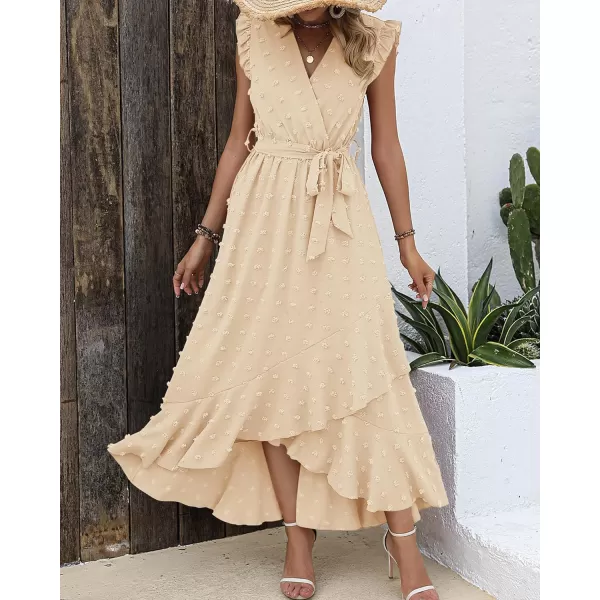 imageBTFBM Womens 2023 Summer Wrap V Neck Dress Ruffle Sleeve Swiss Dot Boho Ruffle Slit Beach Party Flowy Long Maxi DressesSwiss Dot Beige