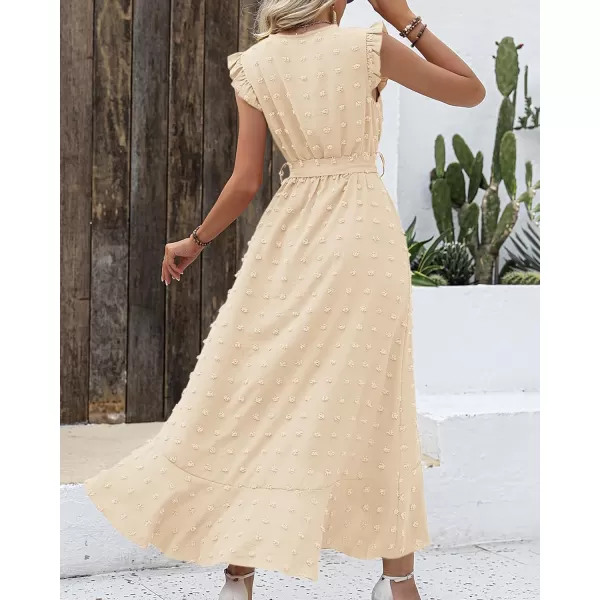 imageBTFBM Womens 2023 Summer Wrap V Neck Dress Ruffle Sleeve Swiss Dot Boho Ruffle Slit Beach Party Flowy Long Maxi DressesSwiss Dot Beige
