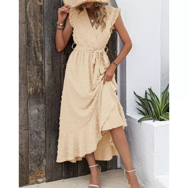 imageBTFBM Womens 2023 Summer Wrap V Neck Dress Ruffle Sleeve Swiss Dot Boho Ruffle Slit Beach Party Flowy Long Maxi DressesSwiss Dot Beige