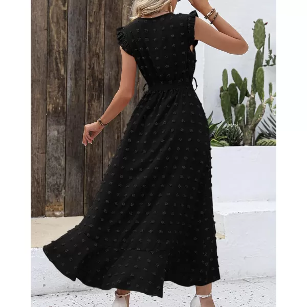 imageBTFBM Womens 2023 Summer Wrap V Neck Dress Ruffle Sleeve Swiss Dot Boho Ruffle Slit Beach Party Flowy Long Maxi DressesSwiss Dot Black