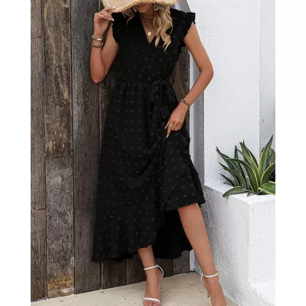 imageBTFBM Womens 2023 Summer Wrap V Neck Dress Ruffle Sleeve Swiss Dot Boho Ruffle Slit Beach Party Flowy Long Maxi DressesSwiss Dot Black