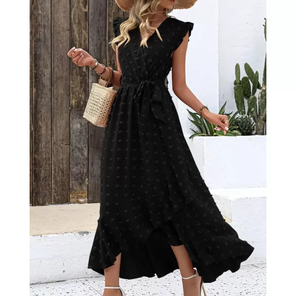 imageBTFBM Womens 2023 Summer Wrap V Neck Dress Ruffle Sleeve Swiss Dot Boho Ruffle Slit Beach Party Flowy Long Maxi DressesSwiss Dot Black