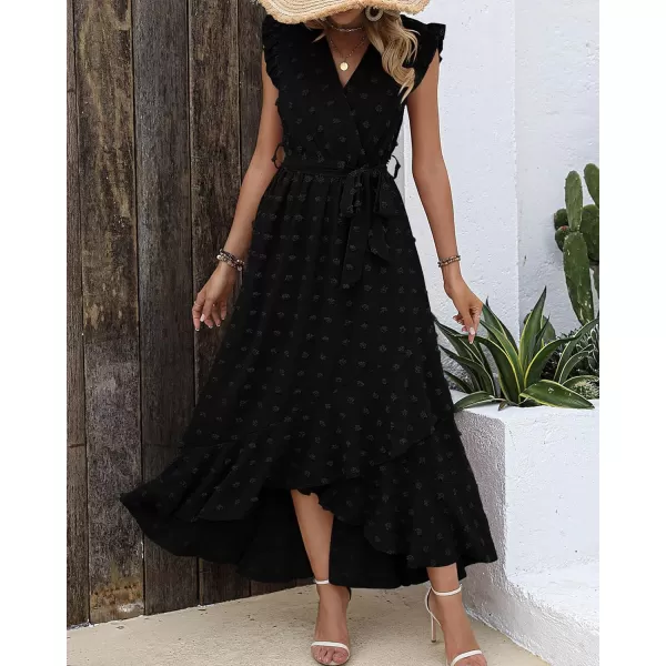 imageBTFBM Womens 2023 Summer Wrap V Neck Dress Ruffle Sleeve Swiss Dot Boho Ruffle Slit Beach Party Flowy Long Maxi DressesSwiss Dot Black