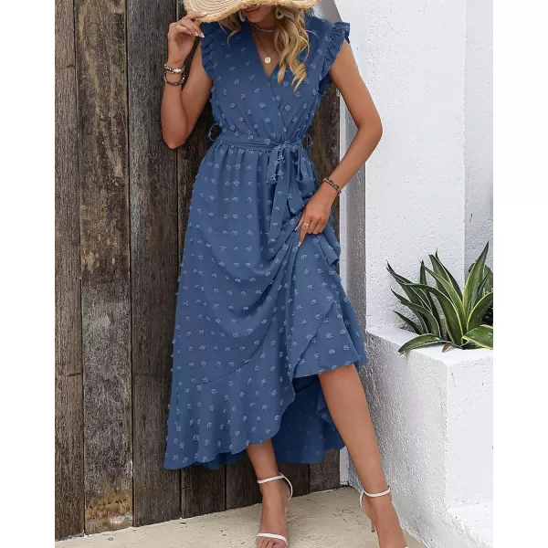 imageBTFBM Womens 2023 Summer Wrap V Neck Dress Ruffle Sleeve Swiss Dot Boho Ruffle Slit Beach Party Flowy Long Maxi DressesSwiss Dot Blue