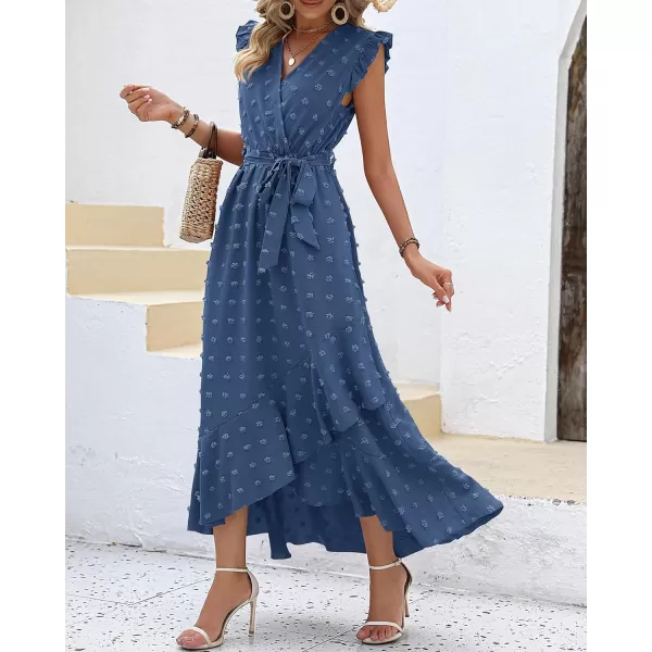 imageBTFBM Womens 2023 Summer Wrap V Neck Dress Ruffle Sleeve Swiss Dot Boho Ruffle Slit Beach Party Flowy Long Maxi DressesSwiss Dot Blue