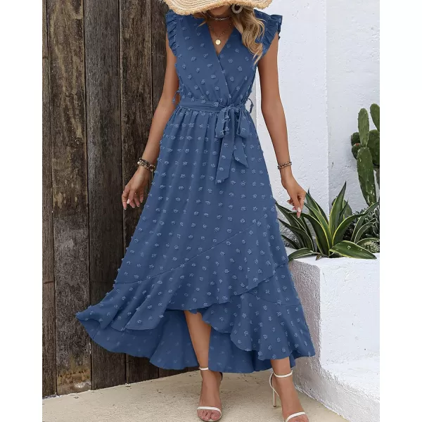 imageBTFBM Womens 2023 Summer Wrap V Neck Dress Ruffle Sleeve Swiss Dot Boho Ruffle Slit Beach Party Flowy Long Maxi DressesSwiss Dot Blue