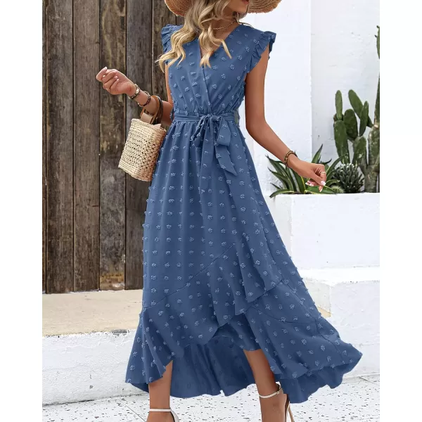 imageBTFBM Womens 2023 Summer Wrap V Neck Dress Ruffle Sleeve Swiss Dot Boho Ruffle Slit Beach Party Flowy Long Maxi DressesSwiss Dot Blue