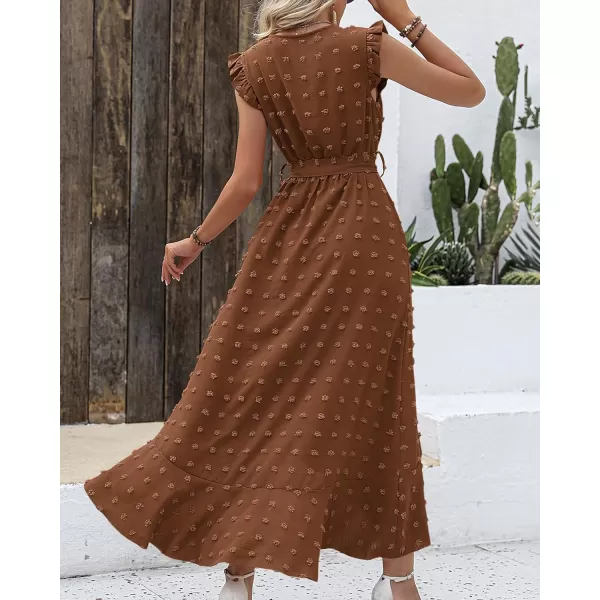 imageBTFBM Womens 2023 Summer Wrap V Neck Dress Ruffle Sleeve Swiss Dot Boho Ruffle Slit Beach Party Flowy Long Maxi DressesSwiss Dot Brown
