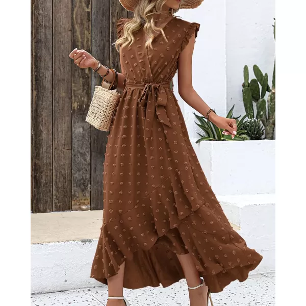 imageBTFBM Womens 2023 Summer Wrap V Neck Dress Ruffle Sleeve Swiss Dot Boho Ruffle Slit Beach Party Flowy Long Maxi DressesSwiss Dot Brown