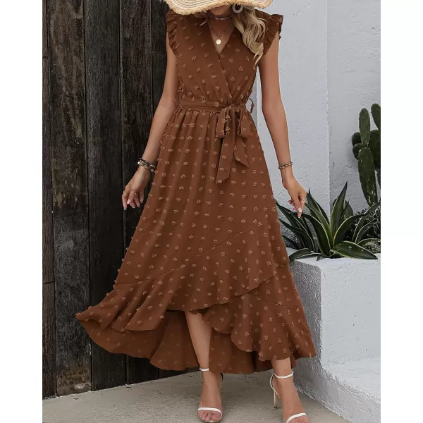 imageBTFBM Womens 2023 Summer Wrap V Neck Dress Ruffle Sleeve Swiss Dot Boho Ruffle Slit Beach Party Flowy Long Maxi DressesSwiss Dot Brown