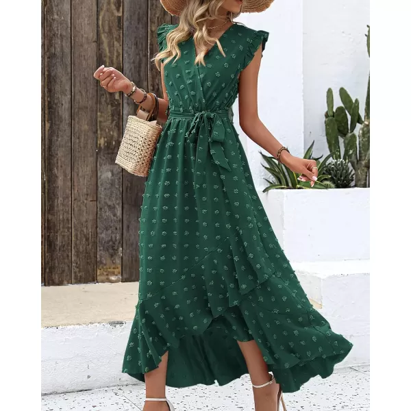 imageBTFBM Womens 2023 Summer Wrap V Neck Dress Ruffle Sleeve Swiss Dot Boho Ruffle Slit Beach Party Flowy Long Maxi DressesSwiss Dot Dark Green