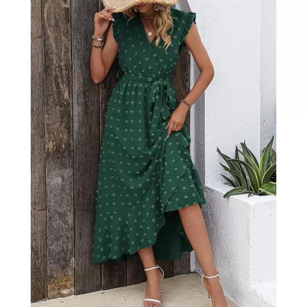 imageBTFBM Womens 2023 Summer Wrap V Neck Dress Ruffle Sleeve Swiss Dot Boho Ruffle Slit Beach Party Flowy Long Maxi DressesSwiss Dot Dark Green