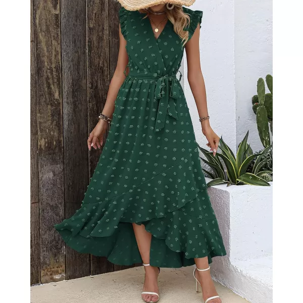 imageBTFBM Womens 2023 Summer Wrap V Neck Dress Ruffle Sleeve Swiss Dot Boho Ruffle Slit Beach Party Flowy Long Maxi DressesSwiss Dot Dark Green