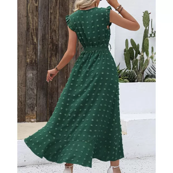 imageBTFBM Womens 2023 Summer Wrap V Neck Dress Ruffle Sleeve Swiss Dot Boho Ruffle Slit Beach Party Flowy Long Maxi DressesSwiss Dot Dark Green