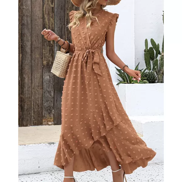 imageBTFBM Womens 2023 Summer Wrap V Neck Dress Ruffle Sleeve Swiss Dot Boho Ruffle Slit Beach Party Flowy Long Maxi DressesSwiss Dot Khaki