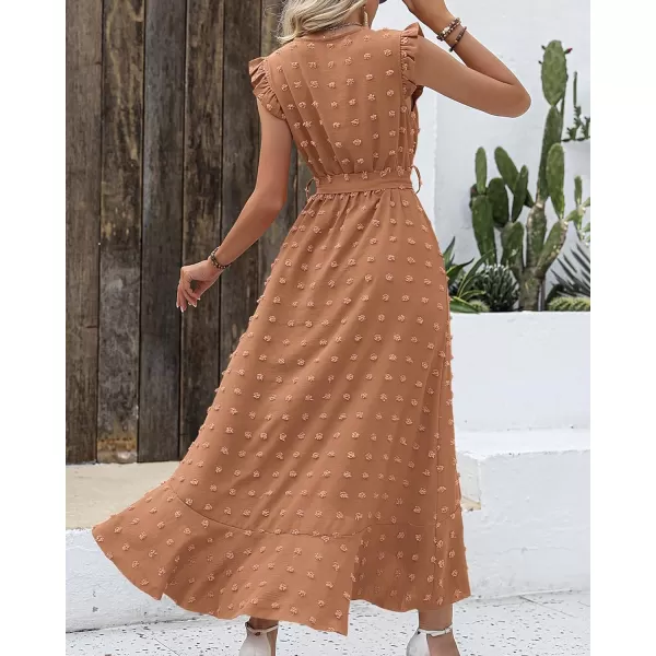 imageBTFBM Womens 2023 Summer Wrap V Neck Dress Ruffle Sleeve Swiss Dot Boho Ruffle Slit Beach Party Flowy Long Maxi DressesSwiss Dot Khaki