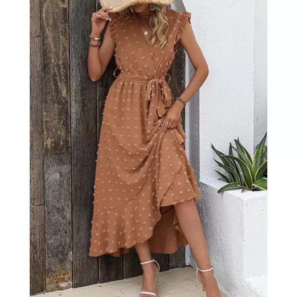 imageBTFBM Womens 2023 Summer Wrap V Neck Dress Ruffle Sleeve Swiss Dot Boho Ruffle Slit Beach Party Flowy Long Maxi DressesSwiss Dot Khaki