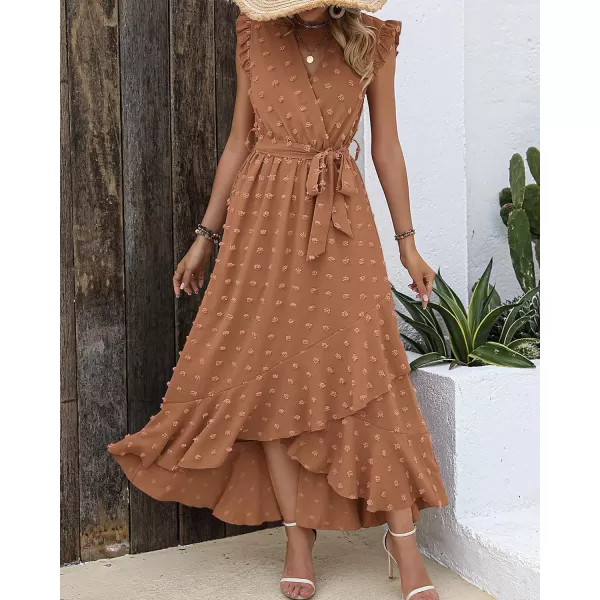 imageBTFBM Womens 2023 Summer Wrap V Neck Dress Ruffle Sleeve Swiss Dot Boho Ruffle Slit Beach Party Flowy Long Maxi DressesSwiss Dot Khaki