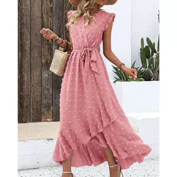 imageBTFBM Womens 2023 Summer Wrap V Neck Dress Ruffle Sleeve Swiss Dot Boho Ruffle Slit Beach Party Flowy Long Maxi DressesSwiss Dot Light Pink