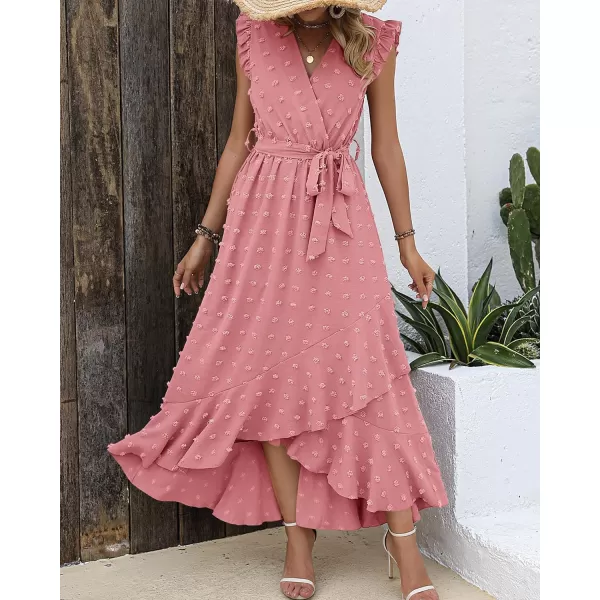 imageBTFBM Womens 2023 Summer Wrap V Neck Dress Ruffle Sleeve Swiss Dot Boho Ruffle Slit Beach Party Flowy Long Maxi DressesSwiss Dot Light Pink