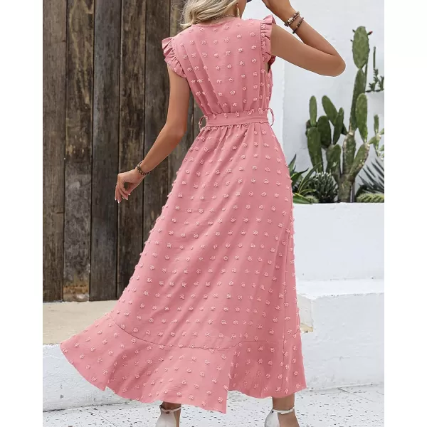 imageBTFBM Womens 2023 Summer Wrap V Neck Dress Ruffle Sleeve Swiss Dot Boho Ruffle Slit Beach Party Flowy Long Maxi DressesSwiss Dot Light Pink
