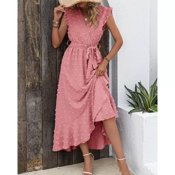 imageBTFBM Womens 2023 Summer Wrap V Neck Dress Ruffle Sleeve Swiss Dot Boho Ruffle Slit Beach Party Flowy Long Maxi DressesSwiss Dot Light Pink